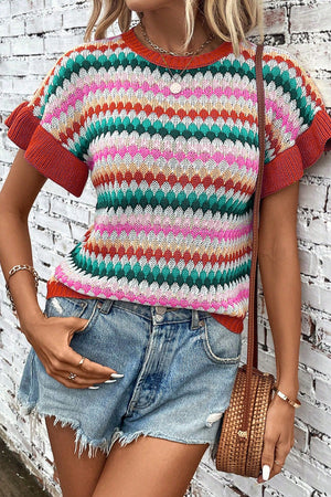 Textured Knit Colorful Short Wide Sleeves Sweater Top