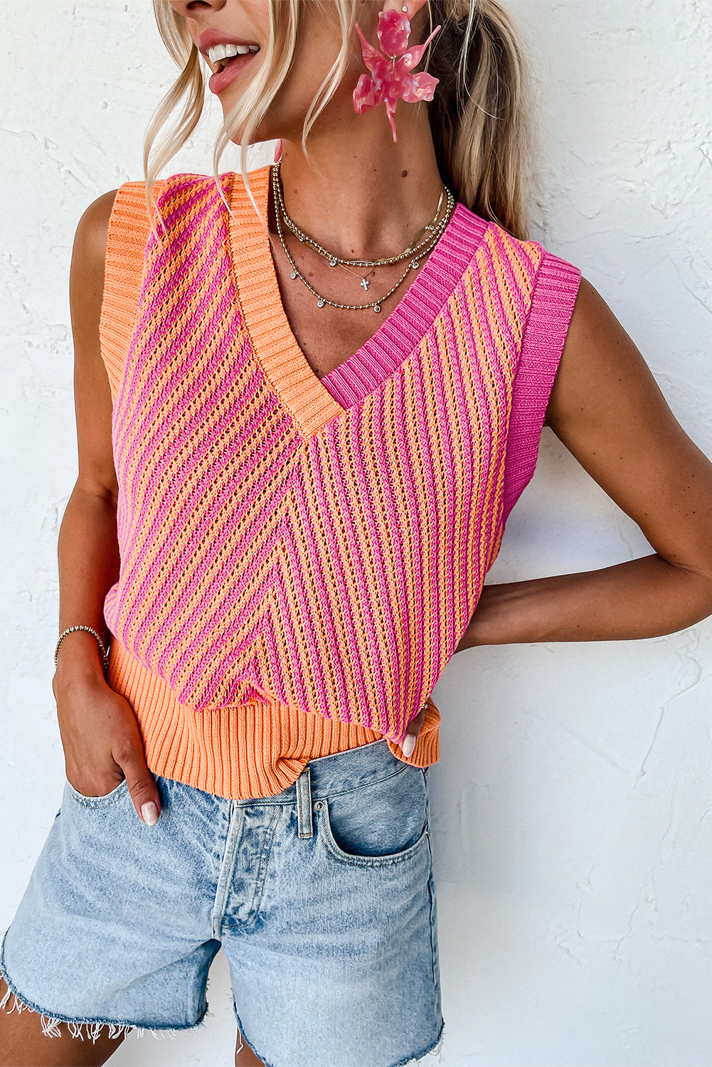 Chevron Knit V Neck Sleeveless Sweater Vest Top