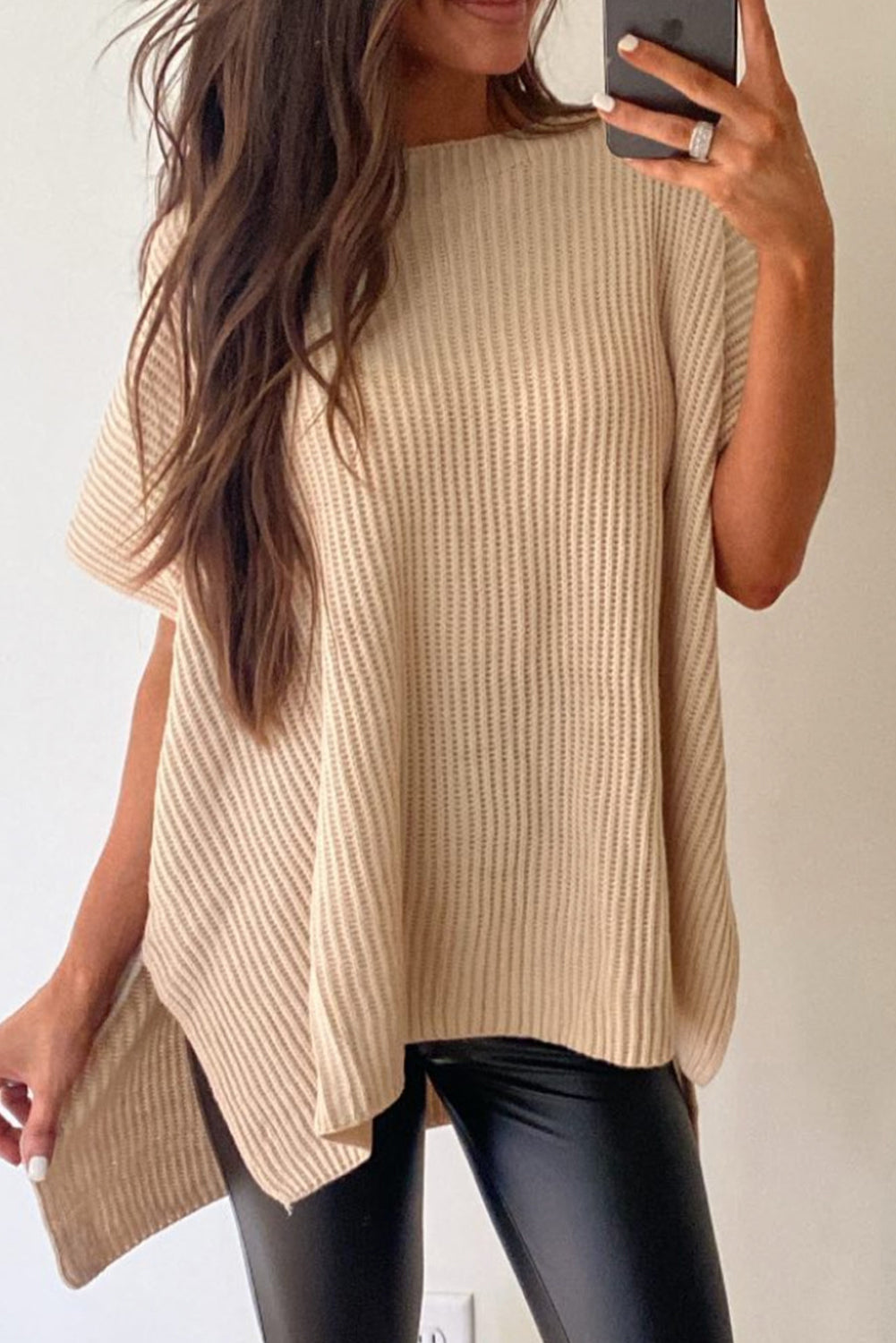 Textured Knit Draped Short Sleeve Tunic Sweater Top