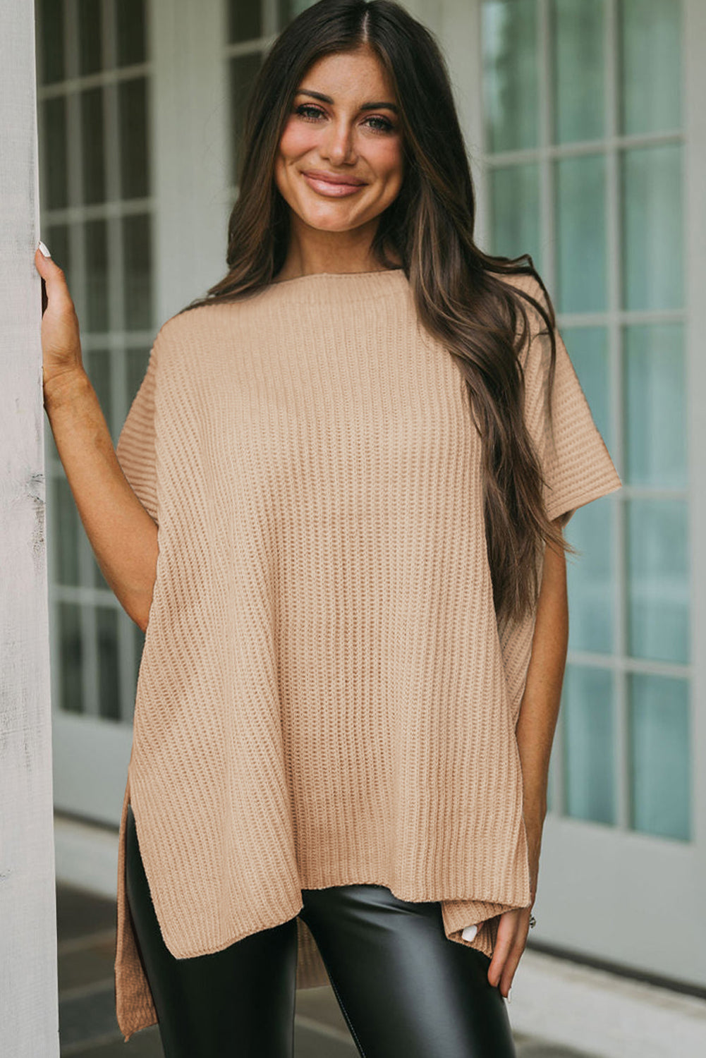 Textured Knit Draped Short Sleeve Tunic Sweater Top