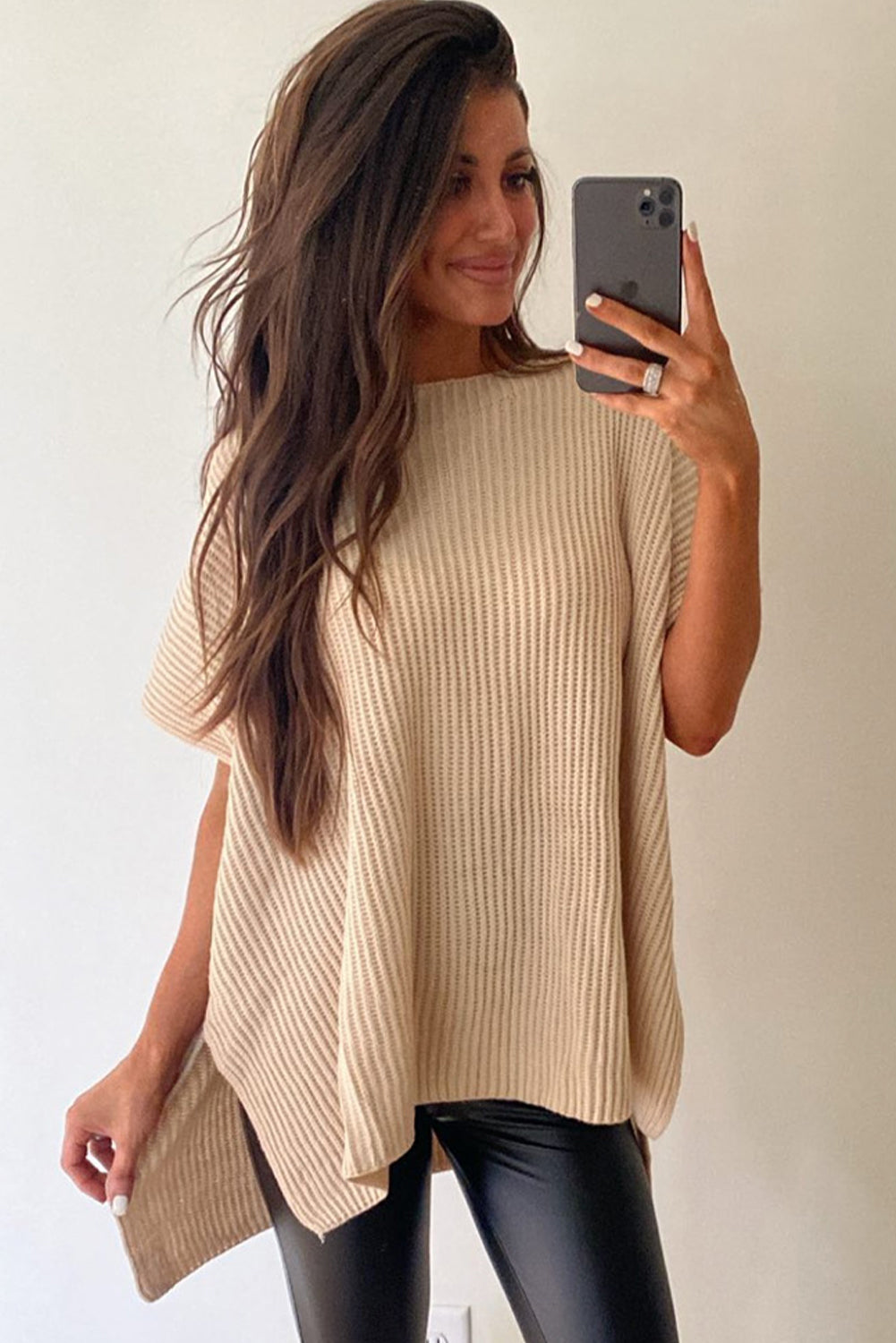 Textured Knit Draped Short Sleeve Tunic Sweater Top