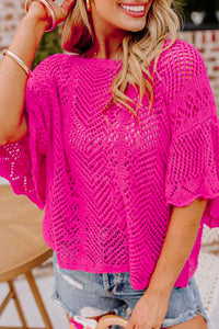 Open Weave Scallop Edge Crochet Knit Sweater Top