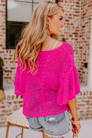 Open Weave Scallop Edge Crochet Knit Sweater Top