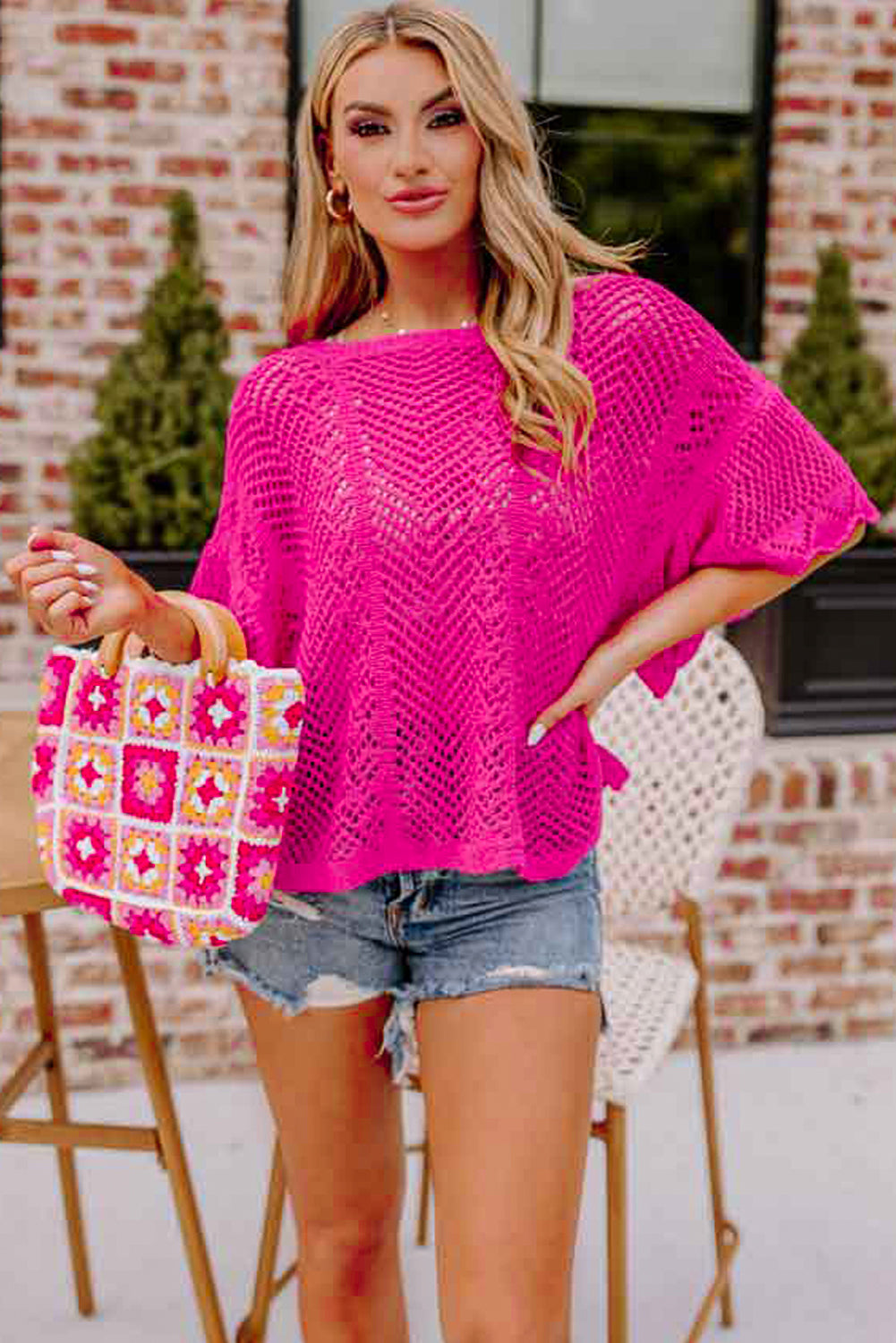 Open Weave Scallop Edge Crochet Knit Sweater Top