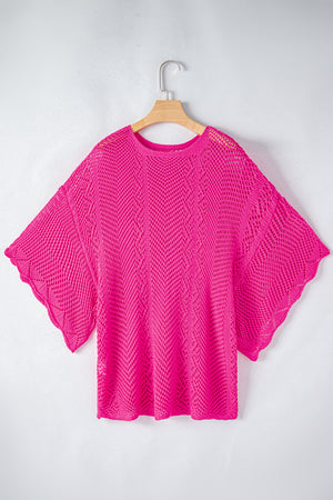 Open Weave Scallop Edge Crochet Knit Sweater Top