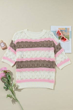 Open Weave Textured Crochet Colorblock Knit Top