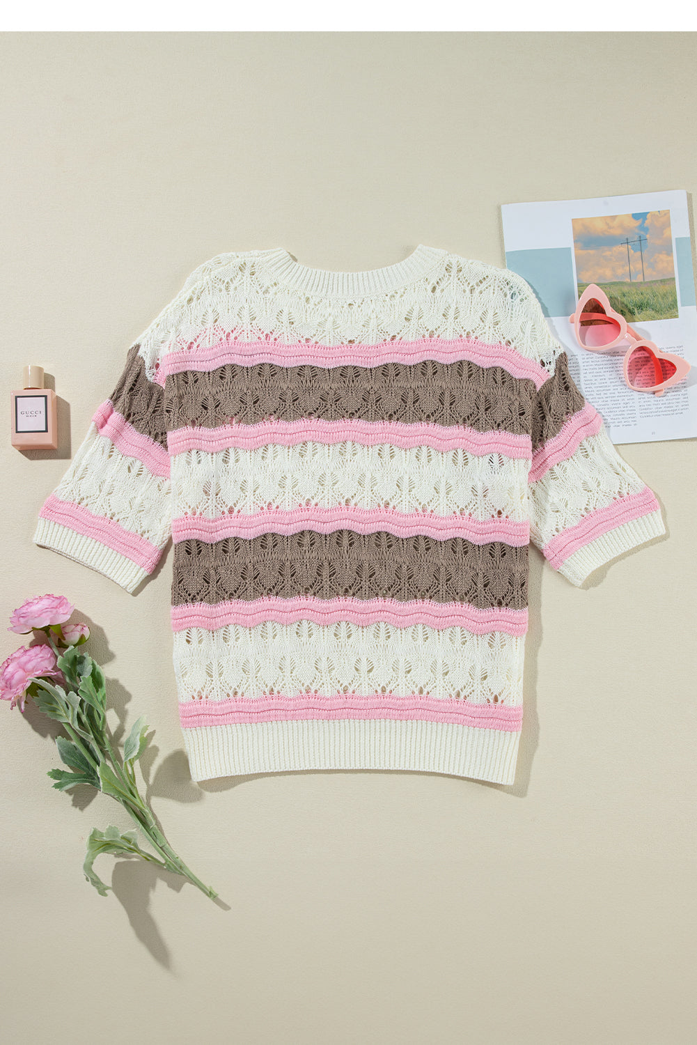 Open Weave Textured Crochet Colorblock Knit Top