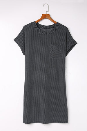 Ribbed Knit Textured Pocket T Shirt Mini Dress