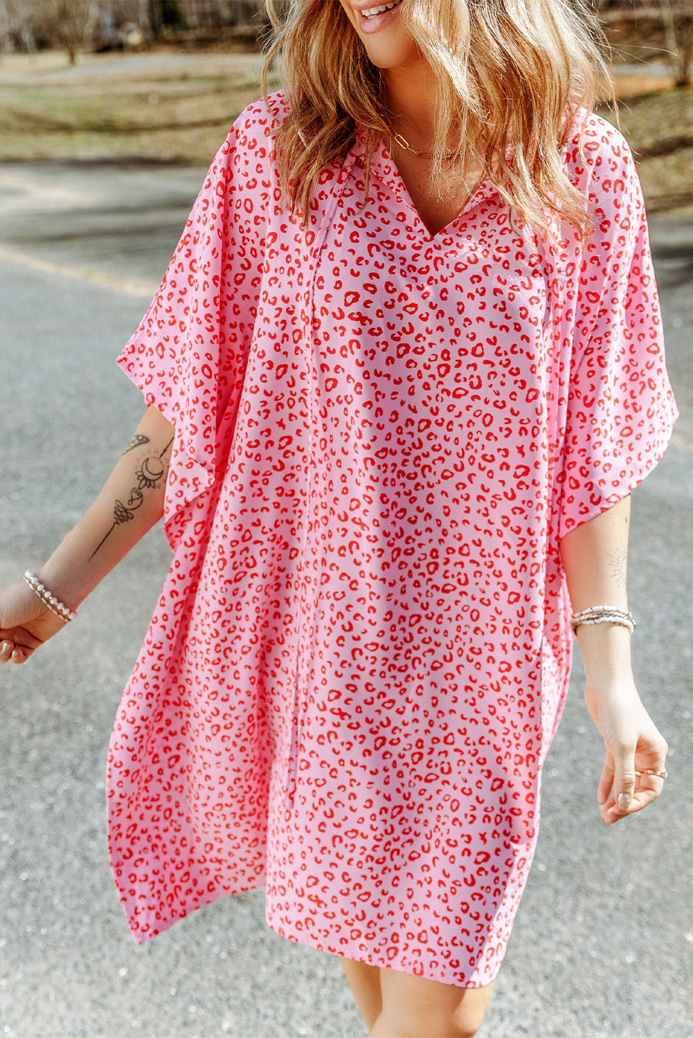 Relaxed Tie Neck Leopard Dress