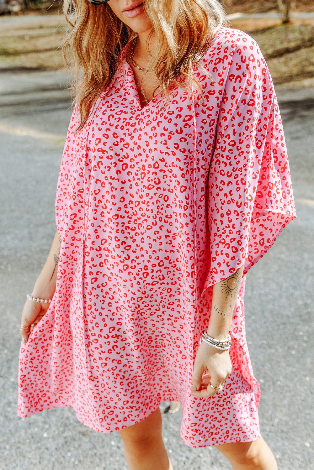 Relaxed Tie Neck Leopard Dress