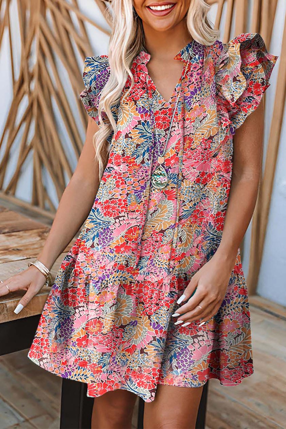 All Over Floral Ruffled v Neck Dress