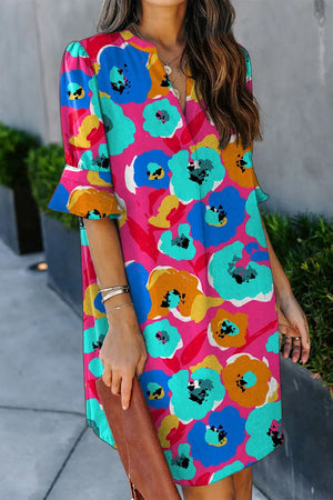 Half Sleeve Colorful Poppy Floral Dress