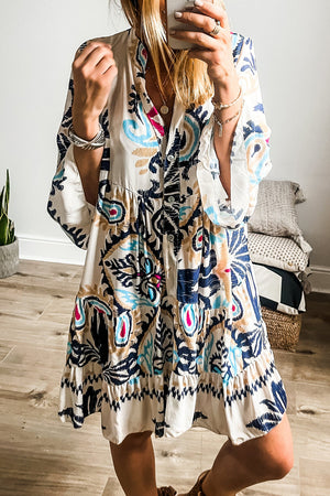 Tribal Print Bell Sleeve Tiered Dress