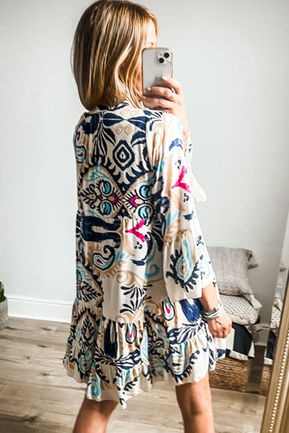 Tribal Print Bell Sleeve Tiered Dress