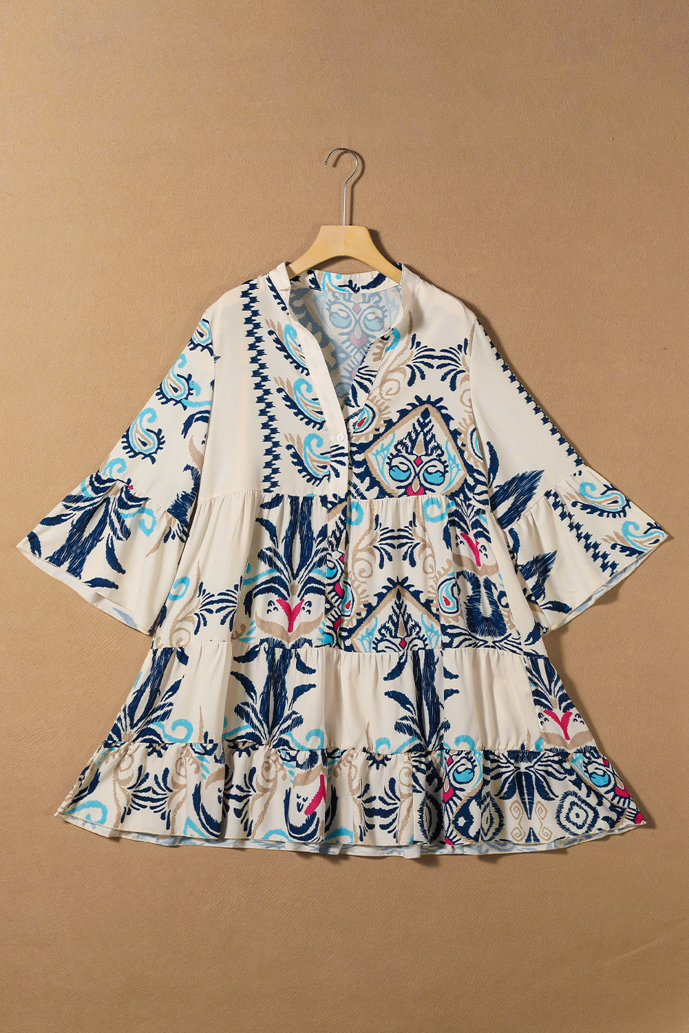 Tribal Print Bell Sleeve Tiered Dress