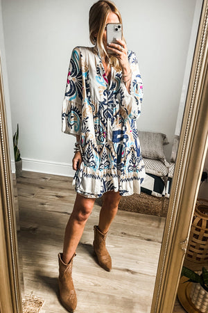 Tribal Print Bell Sleeve Tiered Dress