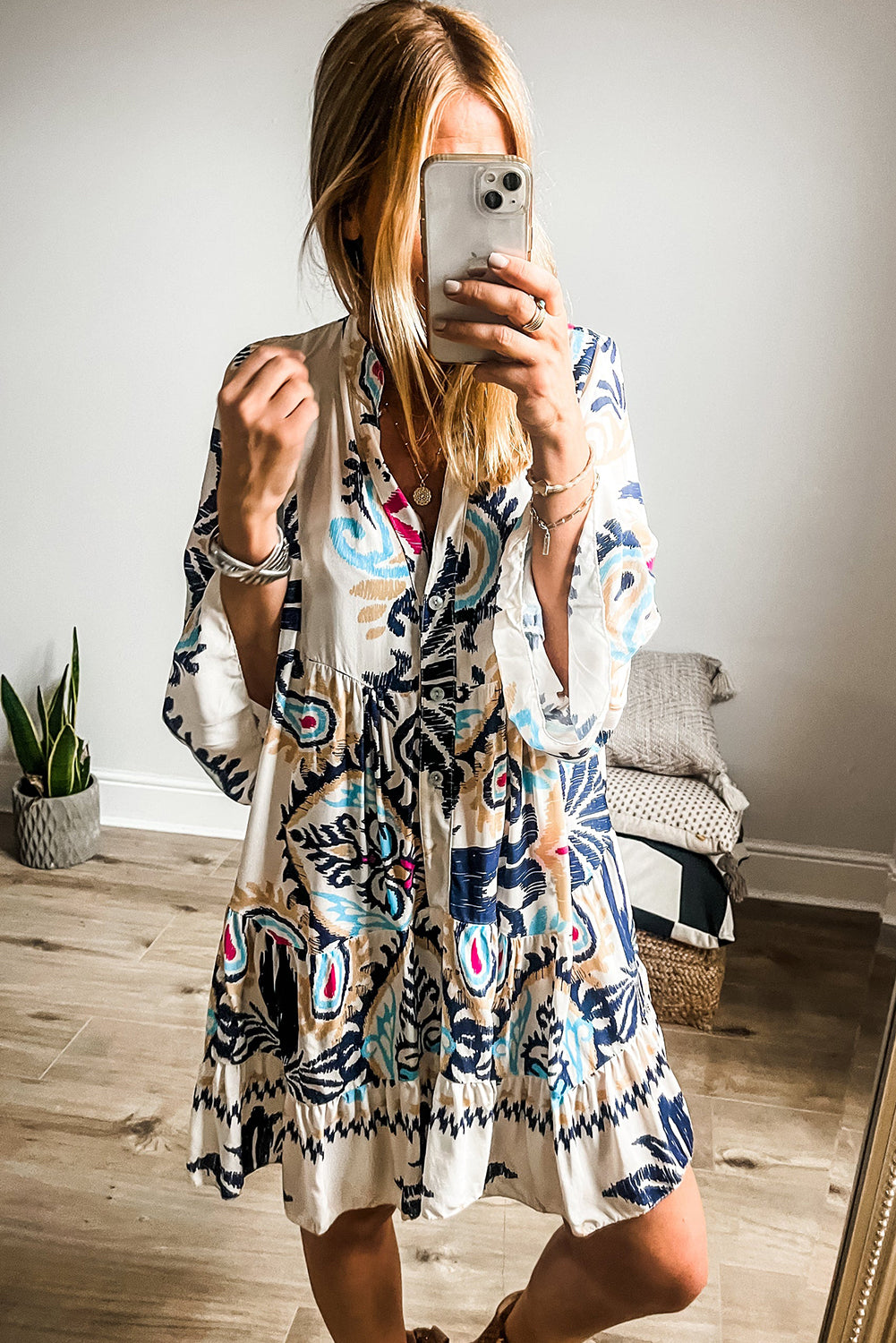 Tribal Print Bell Sleeve Tiered Dress