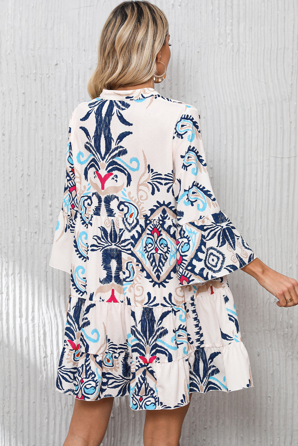 Tribal Print Bell Sleeve Tiered Dress