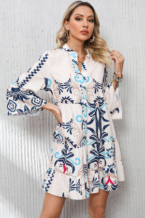 Tribal Print Bell Sleeve Tiered Dress