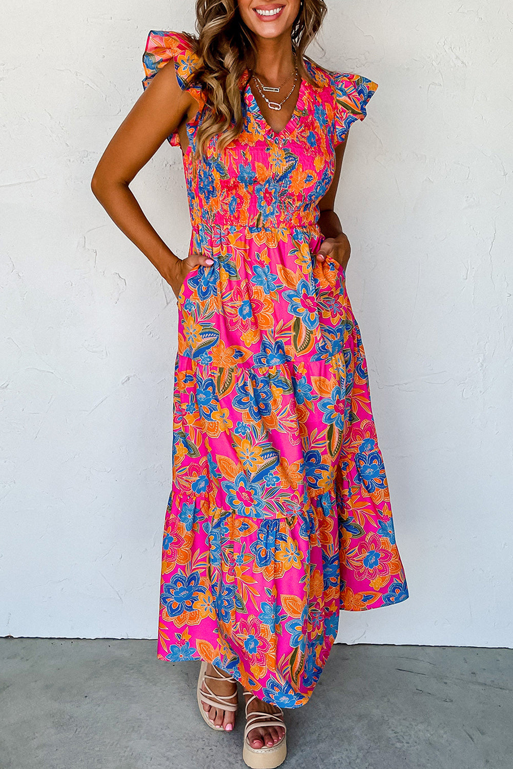 Ruffled Sleeve Boho Floral Smocked Tiered Maxi Dress