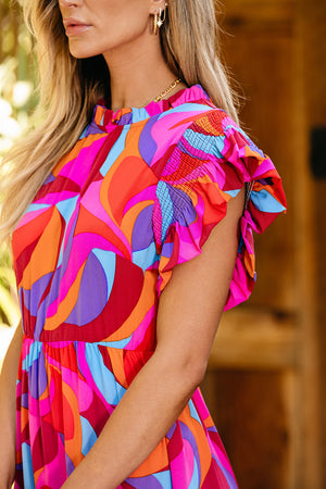 Colorful Abstract Print Ruffled Tiered Maxi Dress