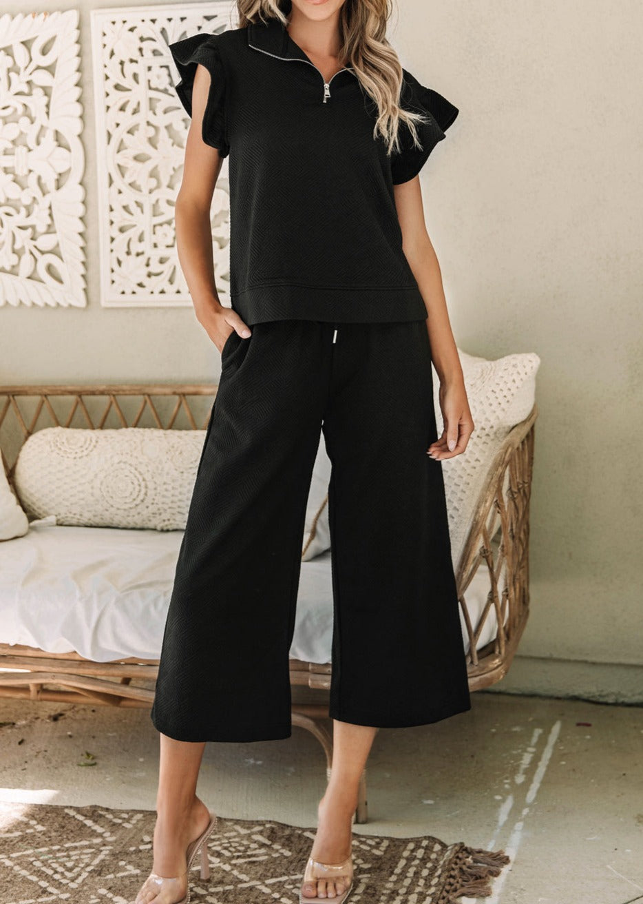 Textured Butterfly Sleeve Zippered Top Matching Pants Set