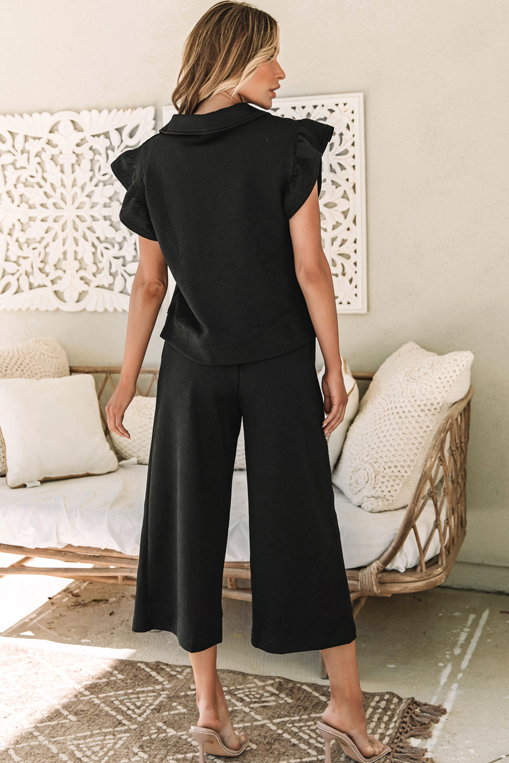 Textured Butterfly Sleeve Zippered Top Matching Pants Set