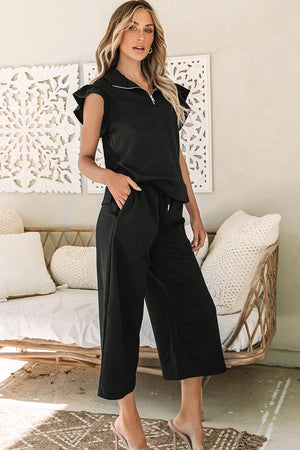 Textured Butterfly Sleeve Zippered Top Matching Pants Set