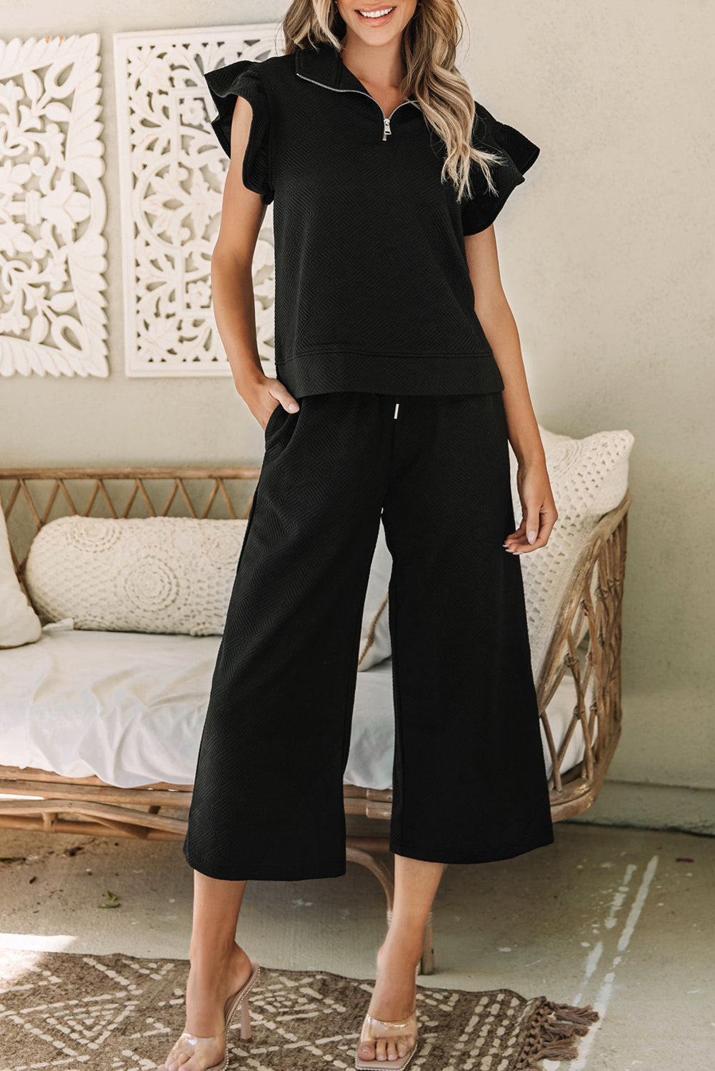 Textured Butterfly Sleeve Zippered Top Matching Pants Set