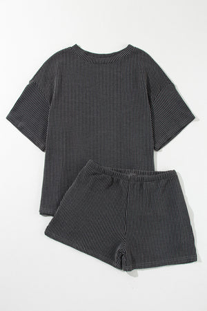 Ribbed Knit Top Shorts Matching Set Gray Pink