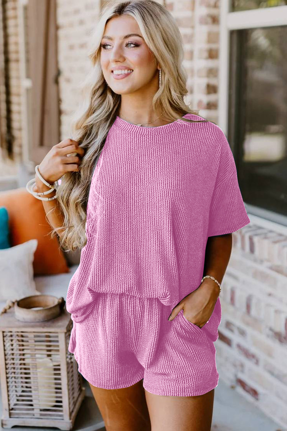 Ribbed Knit Top Shorts Matching Set Gray Pink