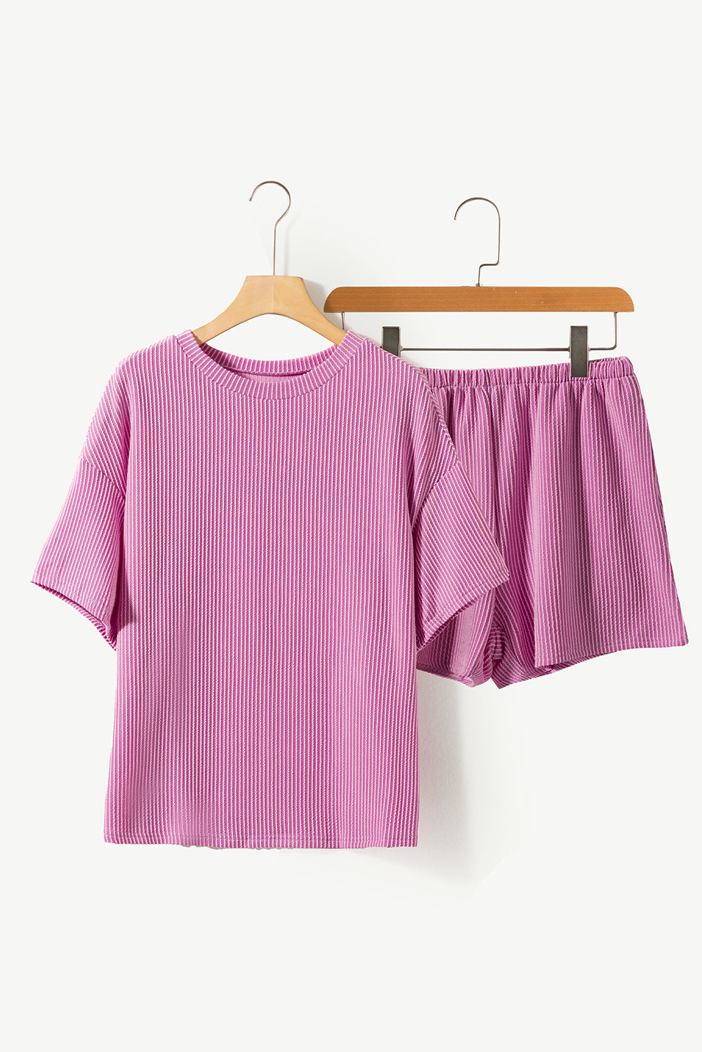 Ribbed Knit Top Shorts Matching Set Gray Pink