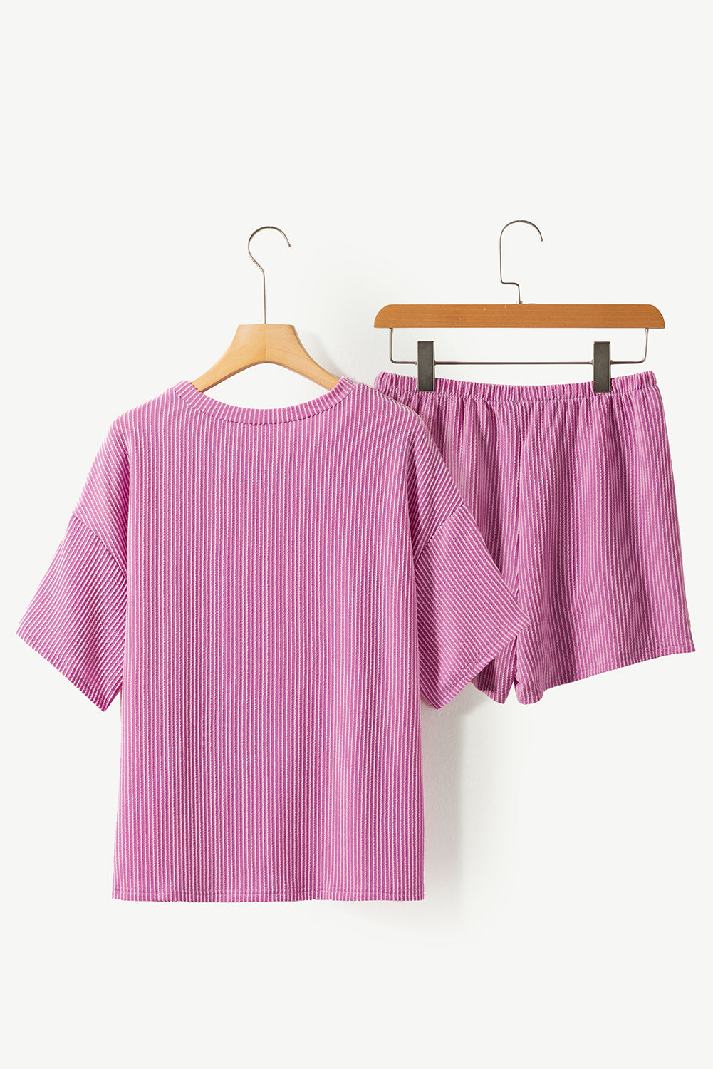 Ribbed Knit Top Shorts Matching Set Gray Pink