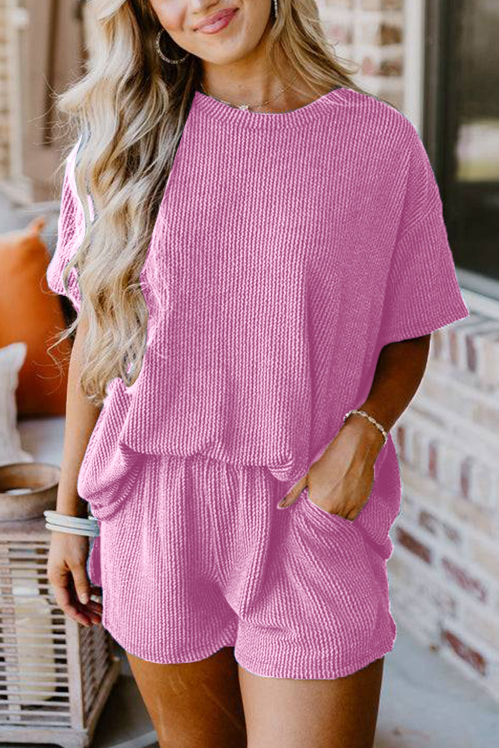 Ribbed Knit Top Shorts Matching Set Gray Pink