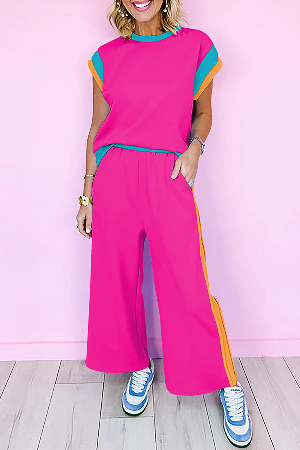 Hot Pink Contrast Colorblock Top Pants Matching Set