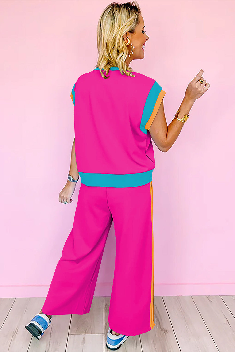 Hot Pink Contrast Colorblock Top Pants Matching Set