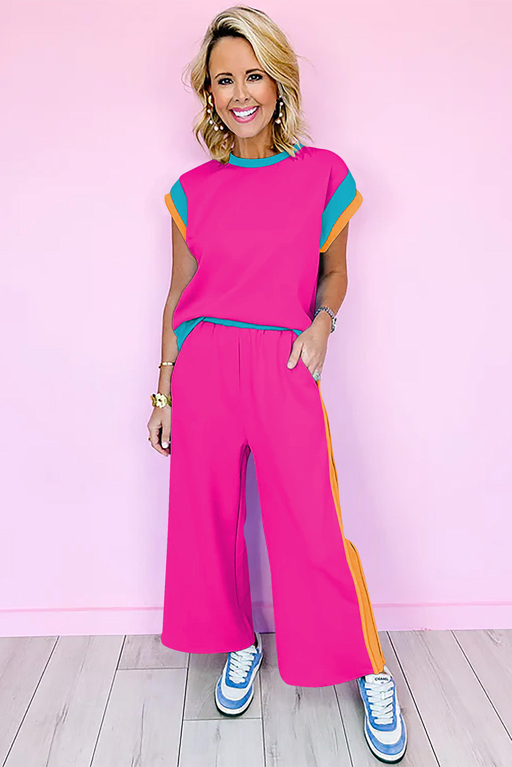 Hot Pink Contrast Colorblock Top Pants Matching Set