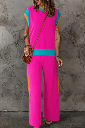 Hot Pink Contrast Colorblock Top Pants Matching Set