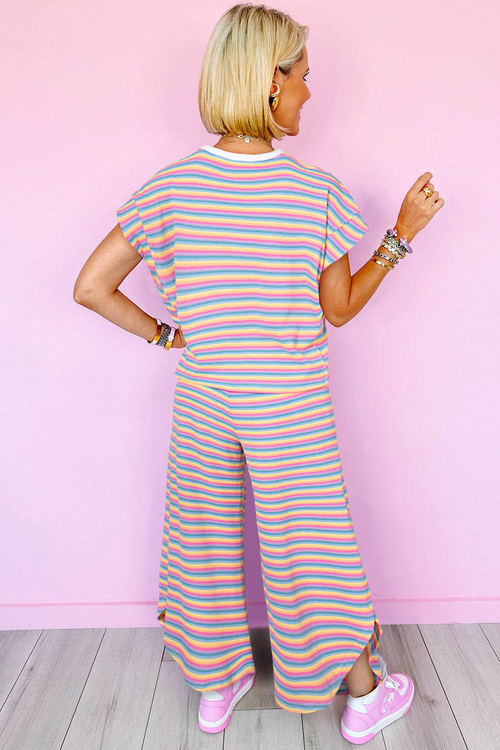 Candy Pink Striped Top Tassel Wide Legged Pants Matching Set