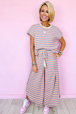 Candy Pink Striped Top Tassel Wide Legged Pants Matching Set