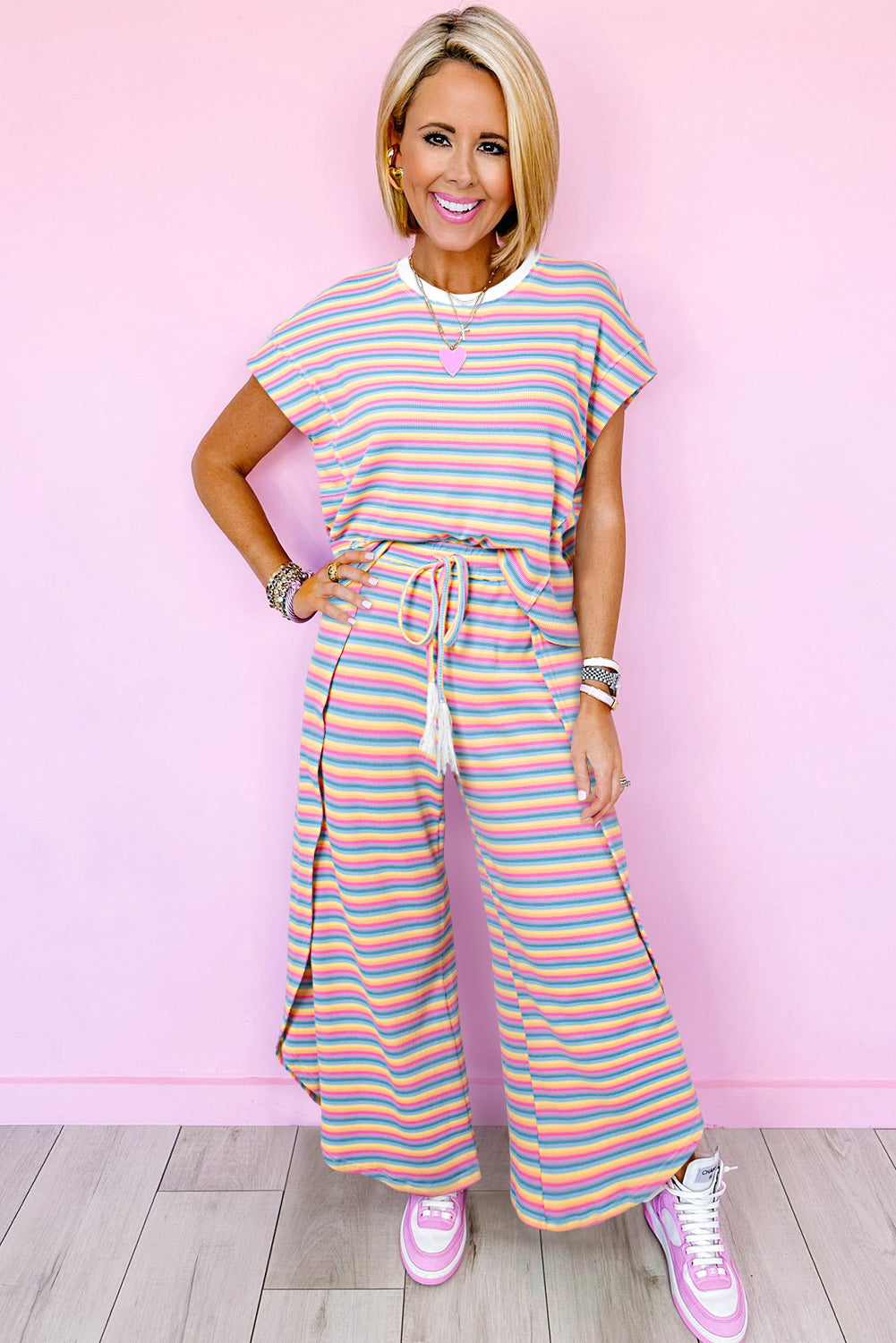 Candy Pink Striped Top Tassel Wide Legged Pants Matching Set