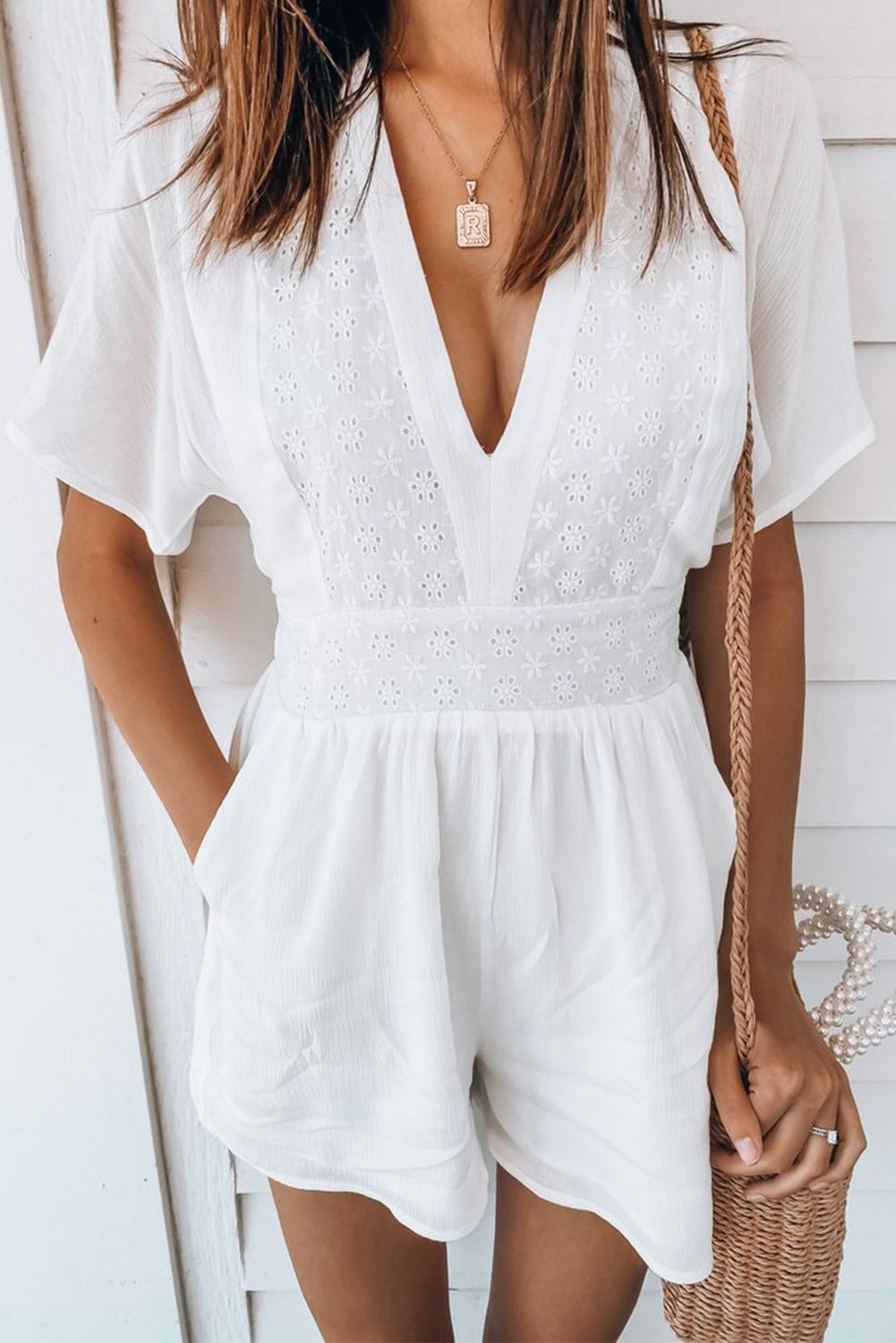 Deep V Eyelet Romper