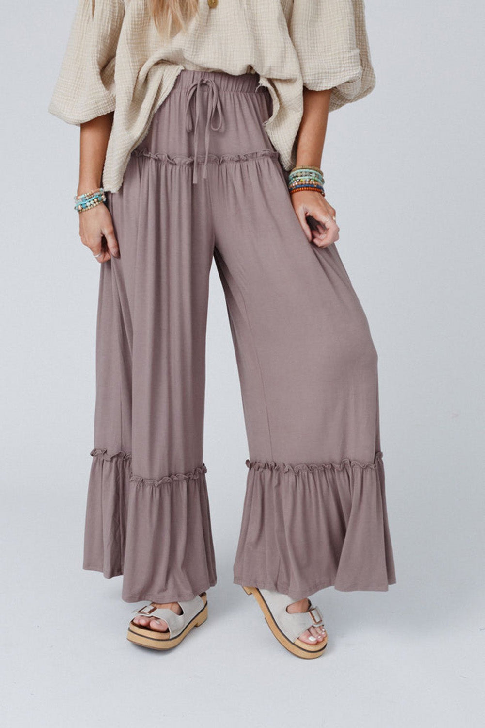 Highwaist Ruffled Wide Legged Drawstring Boho Pants