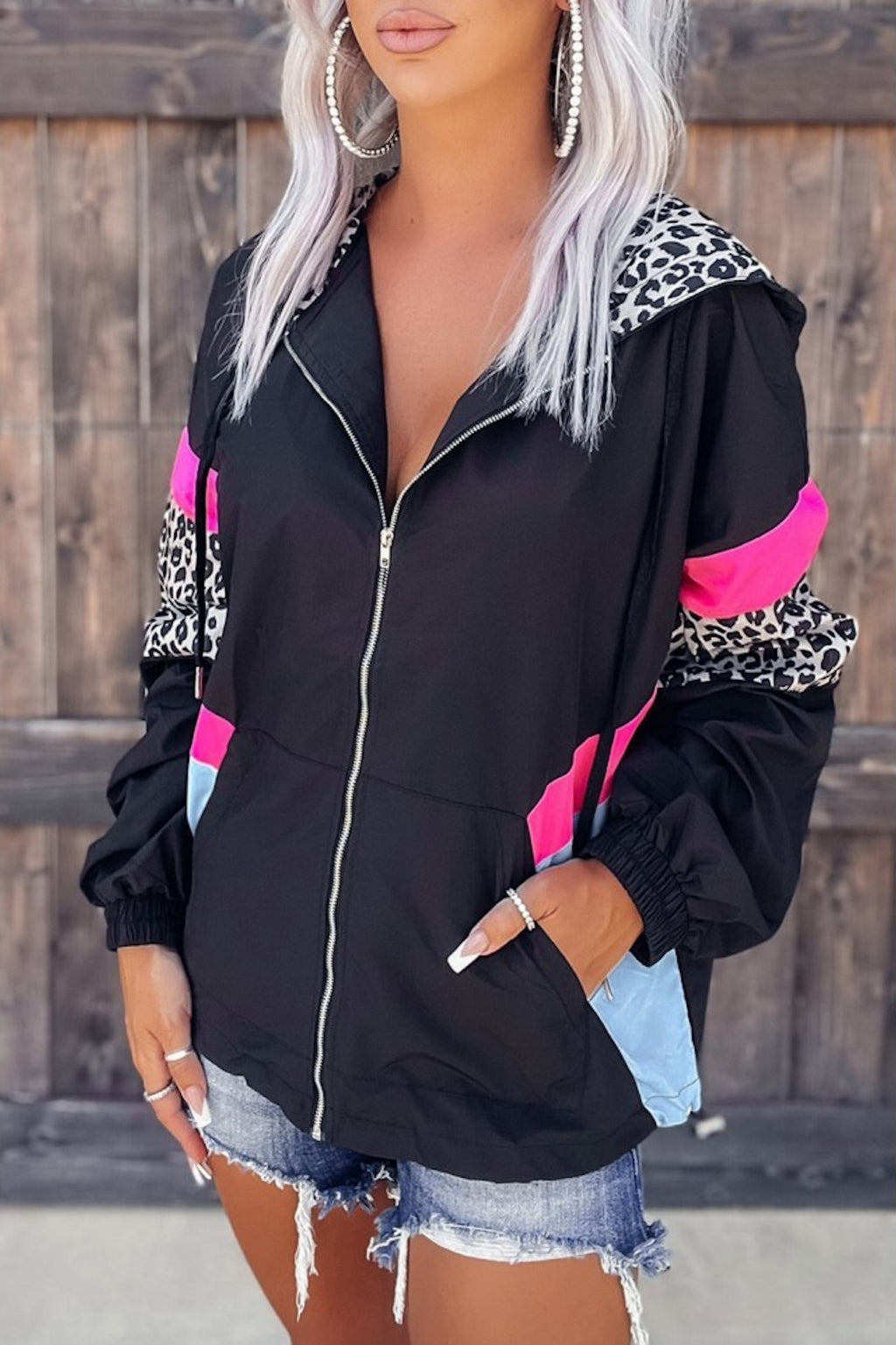 Leopard Colorblock Zip Hoodie Jacket