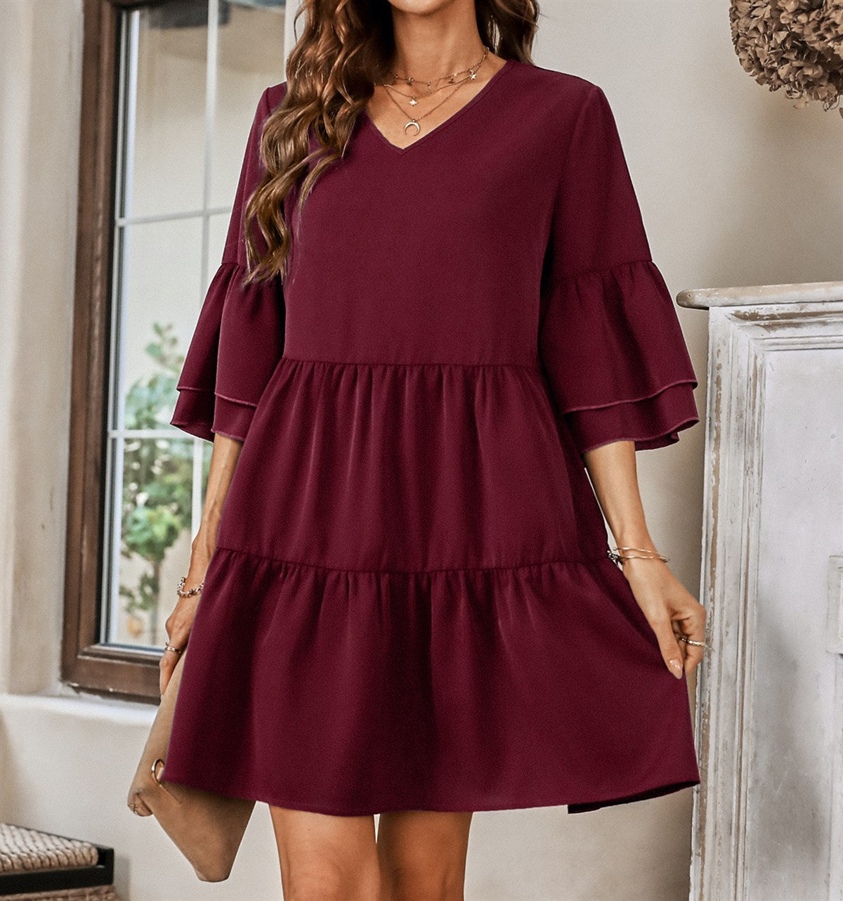 Bell Sleeve Solid Tier Dress