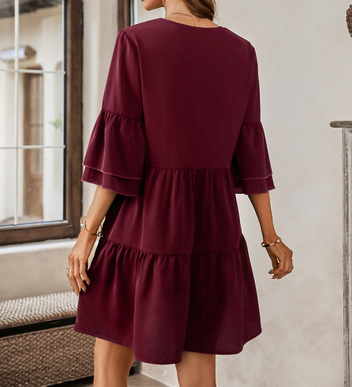 Bell Sleeve Solid Tier Dress