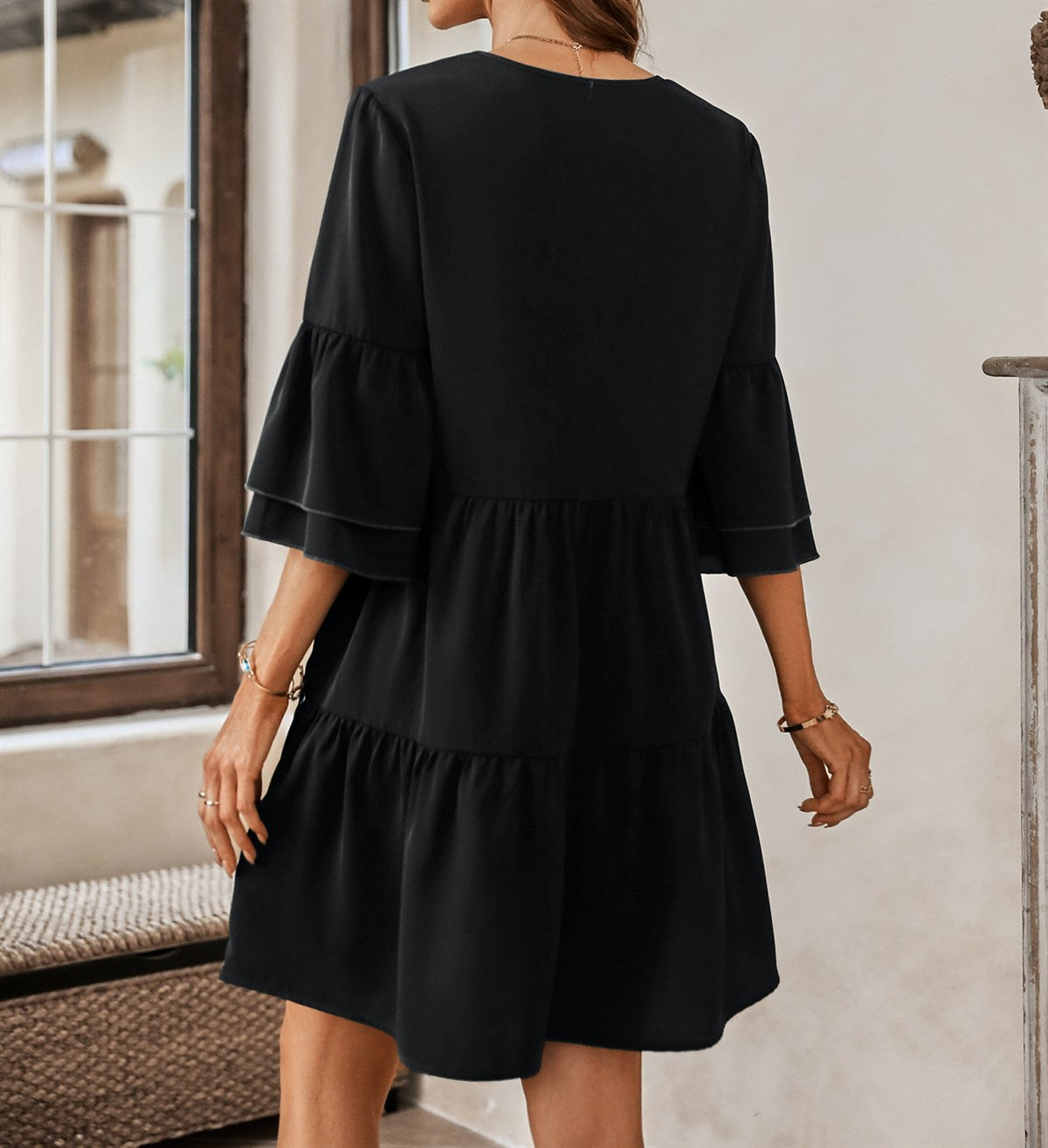 Bell Sleeve Solid Tier Dress