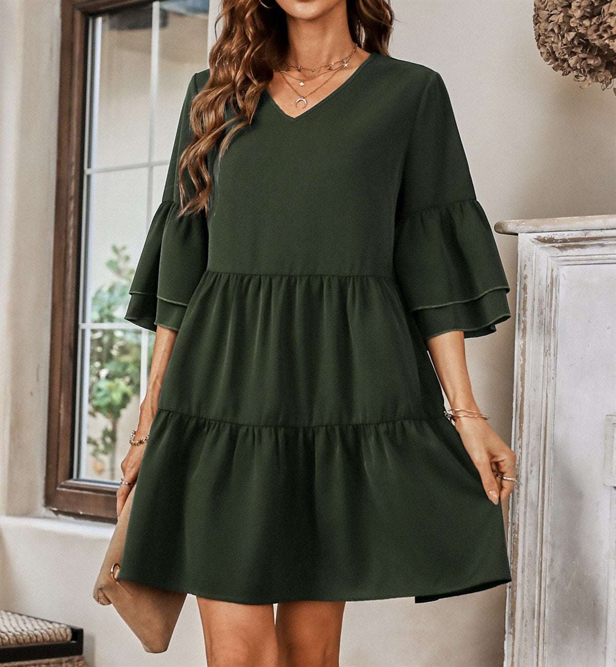 Bell Sleeve Solid Tier Dress