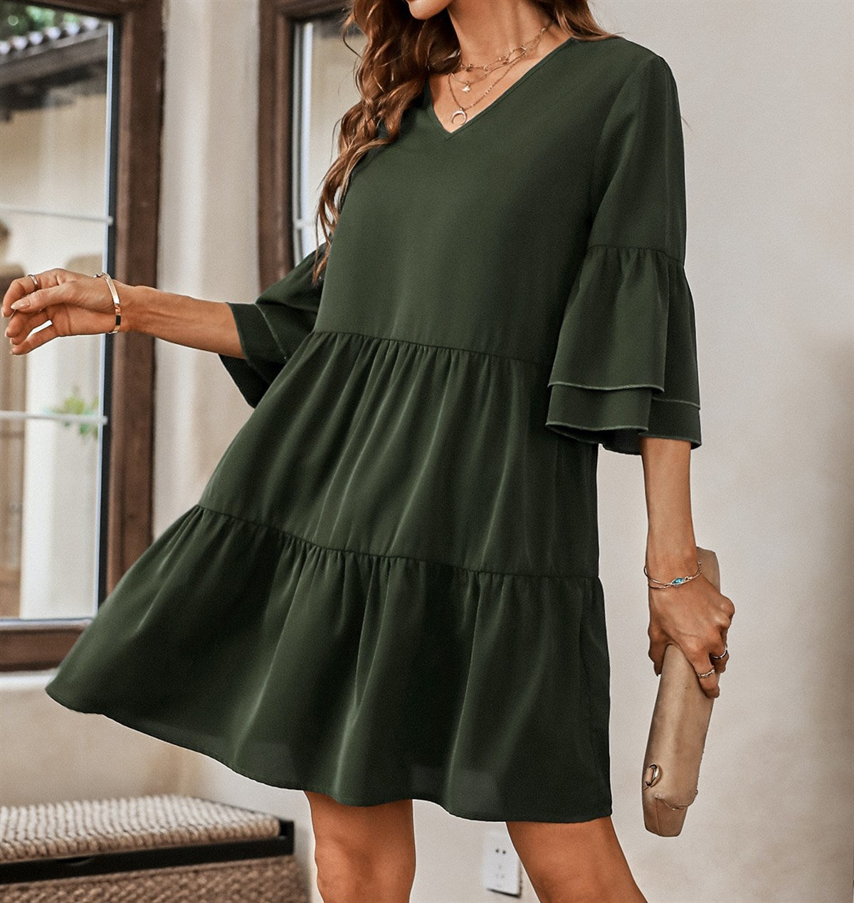 Bell Sleeve Solid Tier Dress