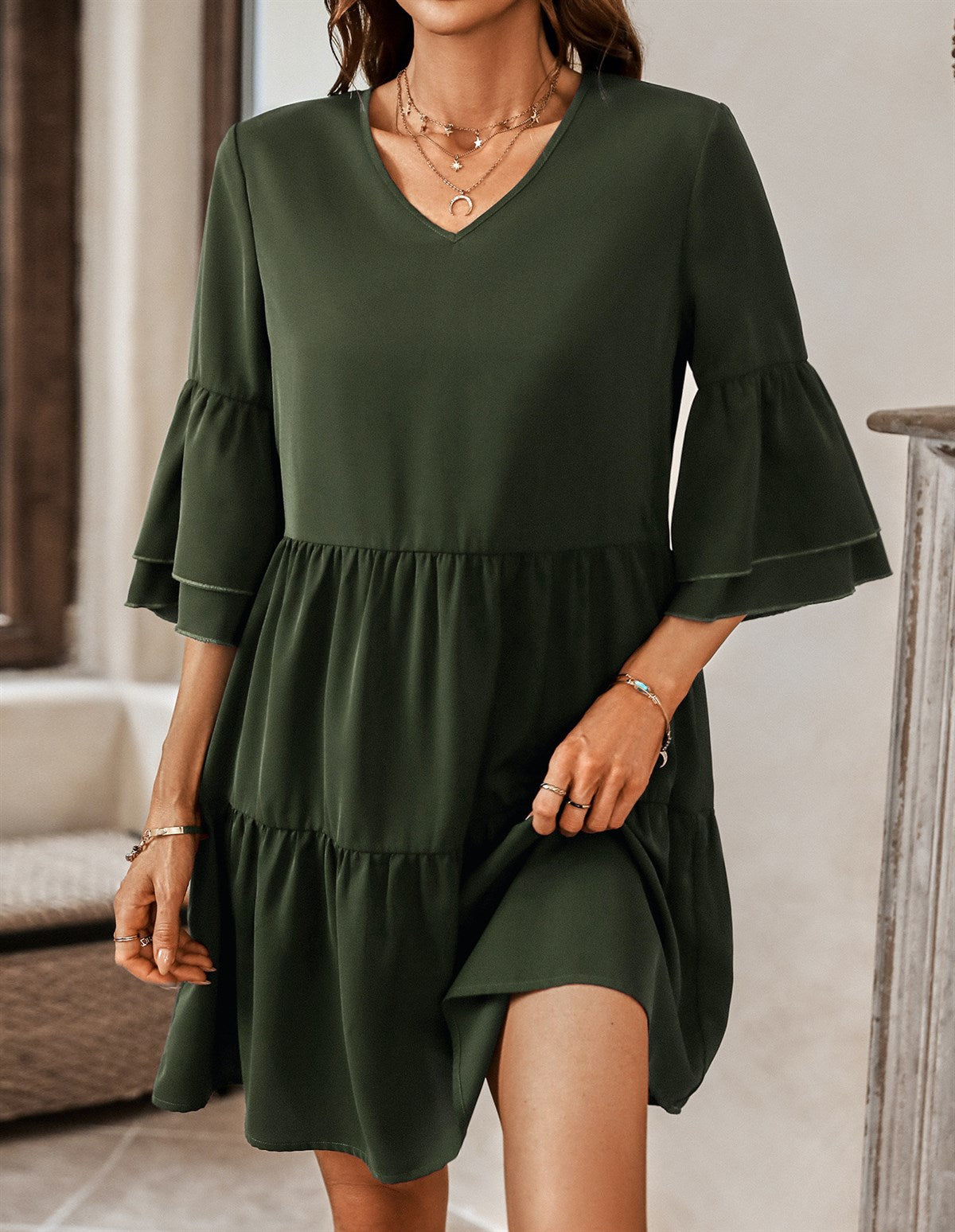 Bell Sleeve Solid Tier Dress